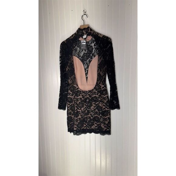 Lace Bodycon Mini Dress Black Nude L NWT Goth Glam - Picture 2 of 9